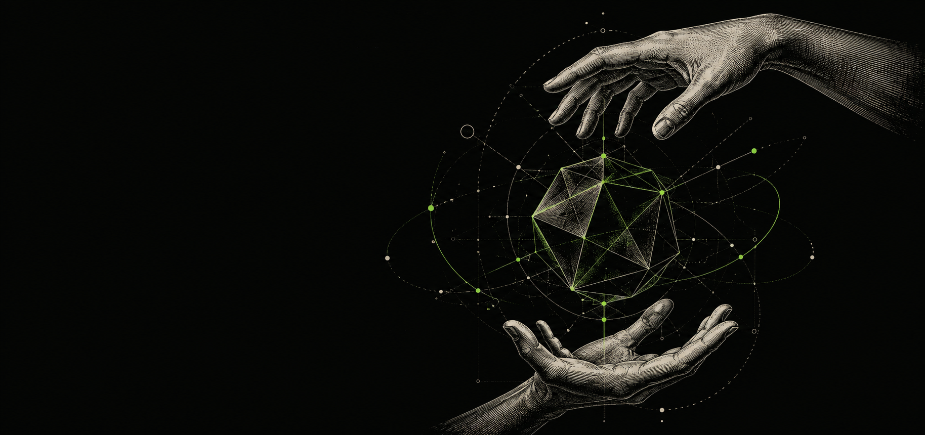 Engraved hands suspending a geometric proof object